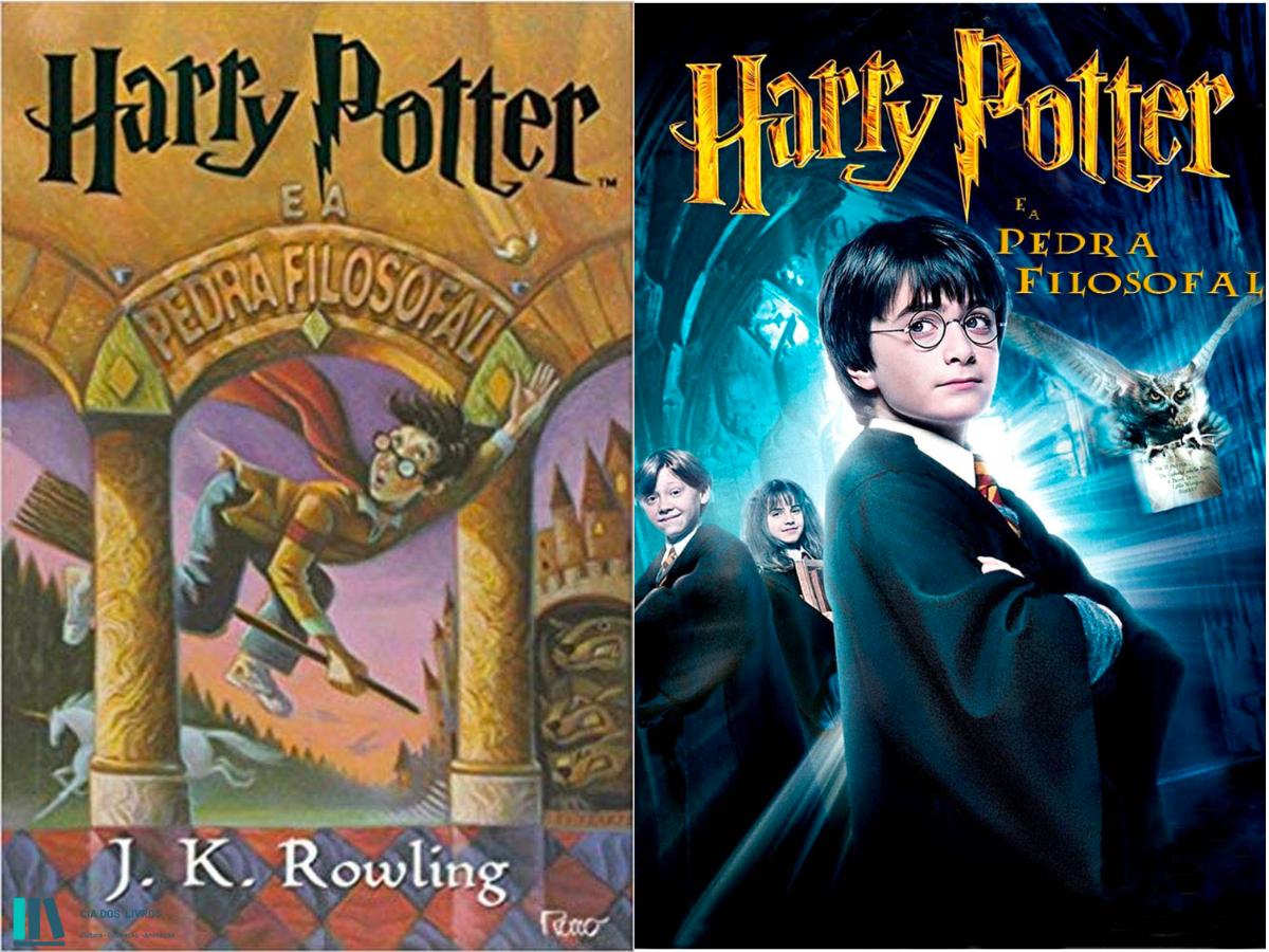 Harry Potter e a Pedra Filosofal - A esquerda a capa do livro a direita a capa do filme