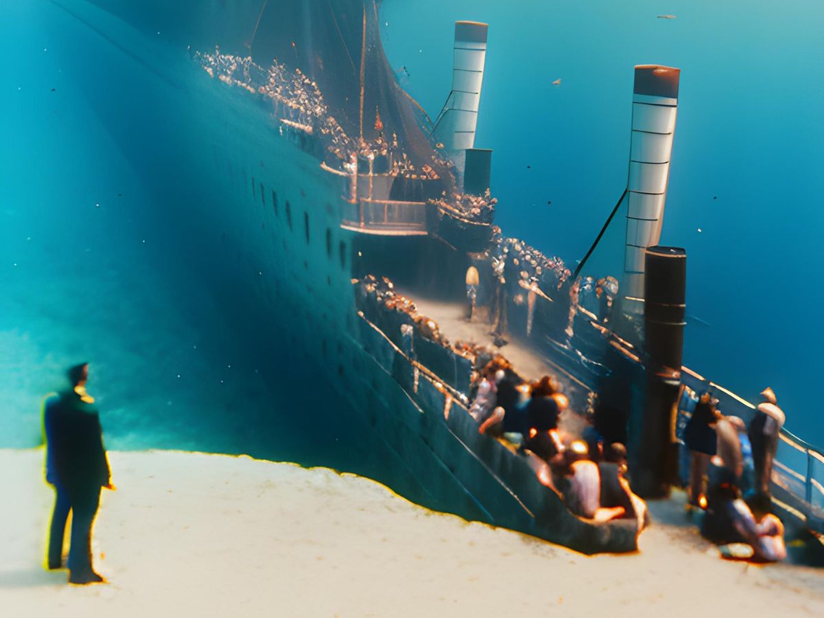 pessoas vendo titanic no fundo do mar
